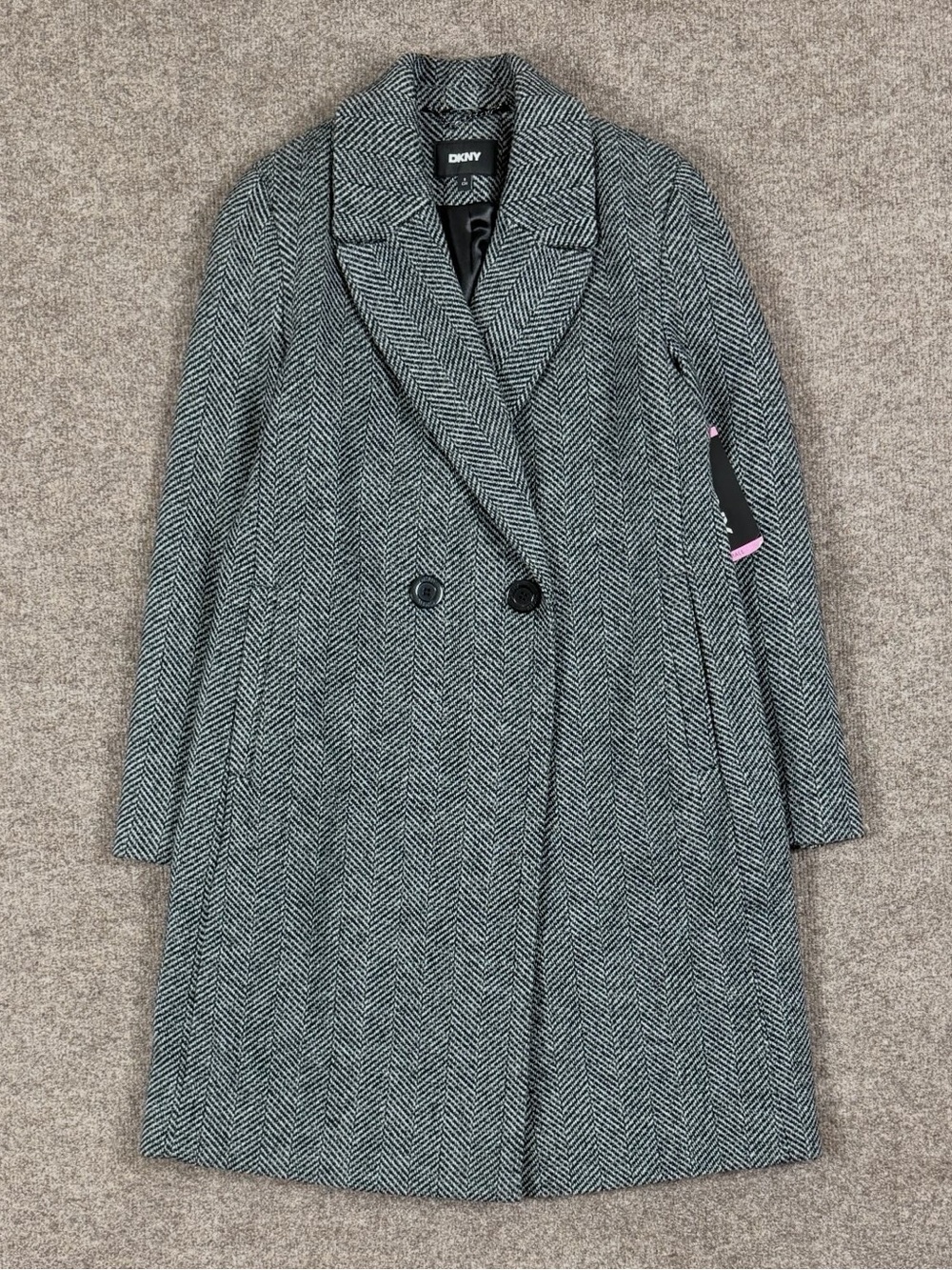 DKNY Black Grey Herringbone Two Button Closure‎ Coat Women’s S Notched Lapel NWT